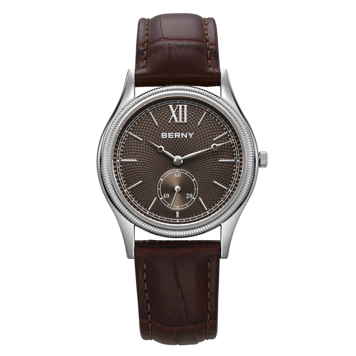 BERNY Men's Watches Luxury Classic Stylish Dress Quartz Watch Slim Stainless Steel Case Elegance Leather Strap Wristwatch