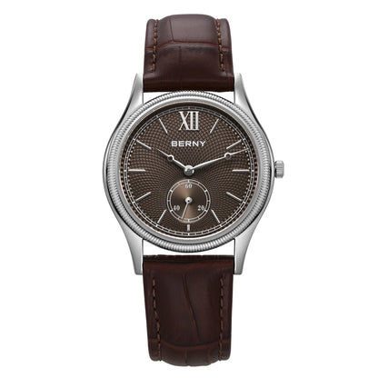 BERNY Men's Watches Luxury Classic Stylish Dress Quartz Watch Slim Stainless Steel Case Elegance Leather Strap Wristwatch