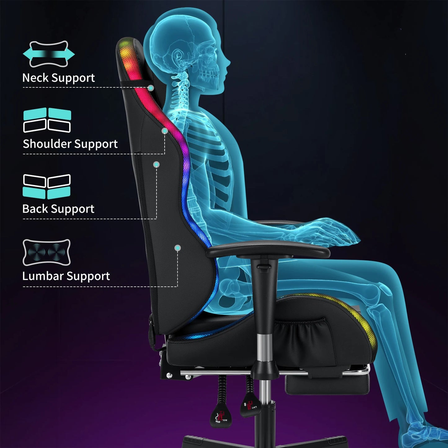 250Lbs Load LED Gaming Chair for Children 8-15 Years, Adjustable Gamer Chair with LED Lighting, Footrest & Lumbar Support