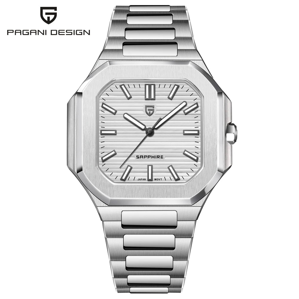 Nuovo orologio di lusso quadrato PAGANI DESIGN 2026 da uomo al quarzo, vetro zaffiro AR, movimento giapponese, luminoso, in acciaio 316L all steel
