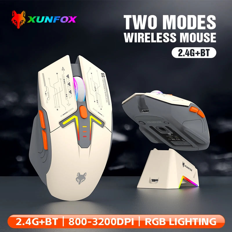 XUNSVFOX H2 Wireless Bluetooth Dual-Mode Mouse with RGB Lighting Effect for Laptop Gaming and Office, Magnetic Charging