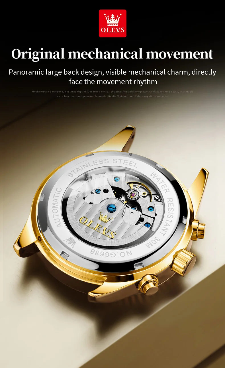 OLEVS 6688 Fashion Automatic Mechanical Men's Watch Moon Phase Dual Calendar Waterproof Luminous Luxury Business Watch for Man