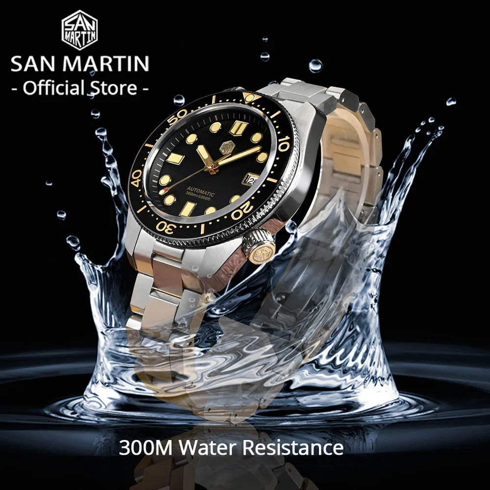 San Martin 44mm Men Diver Watch Vintage MM300 Gilt Dial Sport NH35 Automatic Mechanical Sapphire Waterproof 300M C3 Lume SN0087