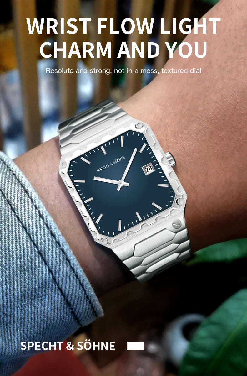 Specht & Söhne New Luxury Square 222 Watch Waterproof Male Clock Luminous Sapphire Stainless Steel Blue Men Watch Reloj Hombre