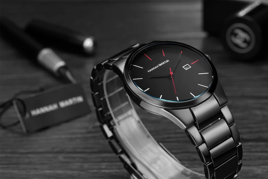 Ceas pentru bărbați Hannah Martin, carcasă din oțel inoxidabil, mecanism cu cuarț, cadran de 41 mm, stil profesional, cu afișaj calendar (imitație)