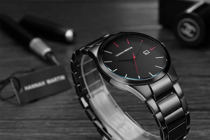 Ceas pentru bărbați Hannah Martin, carcasă din oțel inoxidabil, mecanism cu cuarț, cadran de 41 mm, stil profesional, cu afișaj calendar (imitație)