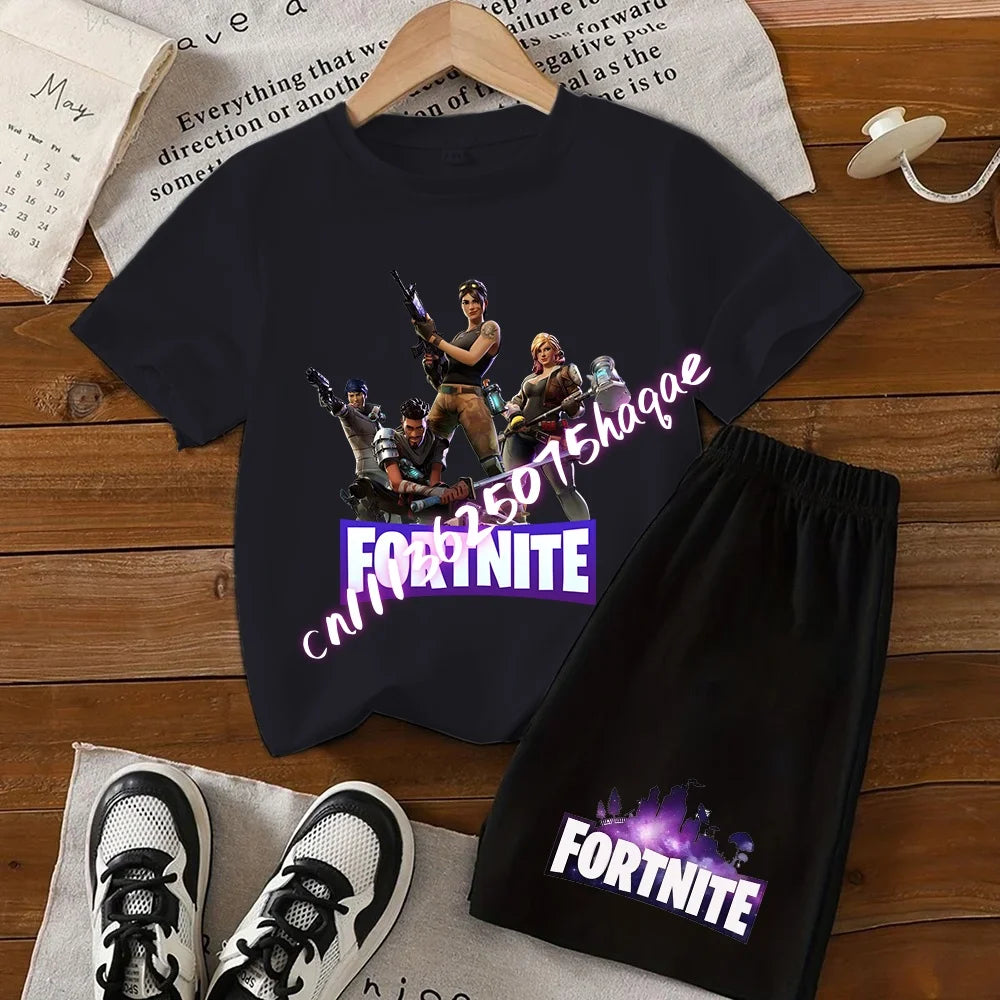 2026 New Fortnite Kids Pure Cotton Short-Sleeved Set with Cartoon Print Boys' Sport Shirt Casual Top Summer T-Shirt 2 Pieces