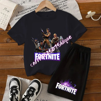 2026 New Fortnite Kids Pure Cotton Short-Sleeved Set with Cartoon Print Boys' Sport Shirt Casual Top Summer T-Shirt 2 Pieces