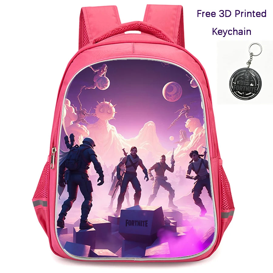 FORTNITE 16-inch Durable Lightweight Backpack, Dual Zipper Pockets, Cartoon Style for Boys & Girls 6-10,Free 3D Printed Keychain