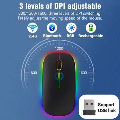 Ratón inalámbrico recargable de doble modo, compatible con Bluetooth y USB 2.4G, para ordenador, portátil, iPad, tablet y notebook, ratón gaming