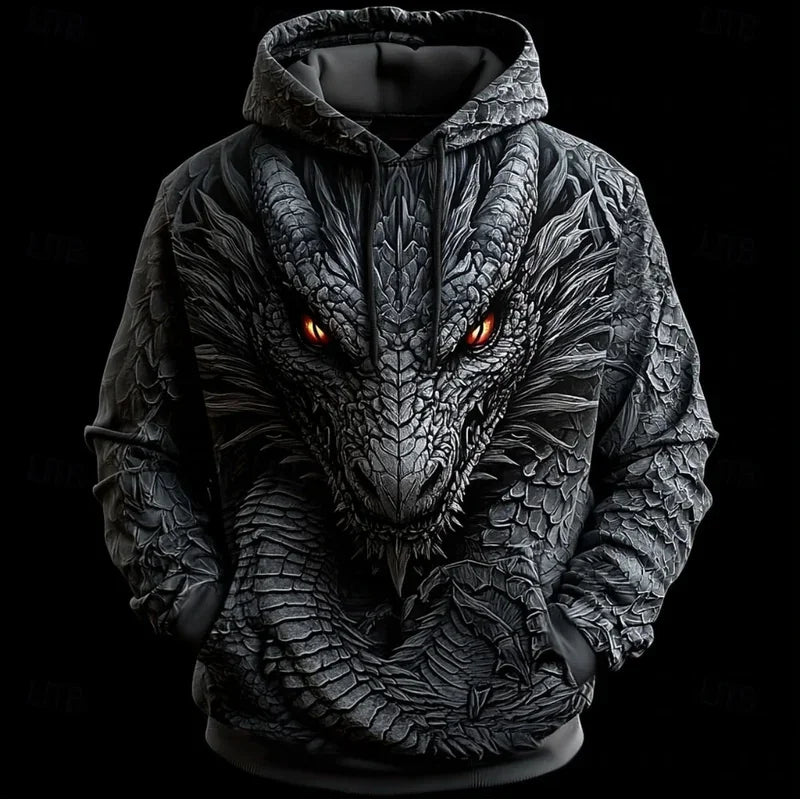 Retro Dragon Pattern Men's Hoodies 3D Print Creative Design Long Sleeve Casual Pullover Fashion Cool Oversize Breathable Clothes