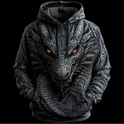 Retro Dragon Pattern Men's Hoodies 3D Print Creative Design Long Sleeve Casual Pullover Fashion Cool Oversize Breathable Clothes