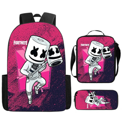 Fortnite Cartoon 3pcs Set, Large Capacity Suitable for Boys and Girls Aged 5-8, Includes Backpack, Dinner Bag, and  Pencil Case