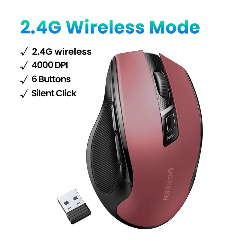 Rato sem fios UGREEN Bluetooth 5.0 ergonómico 4000DPI com 6 botões silenciosos para MacBook, tablet, portáteis, computador e PC, rato 2.4G