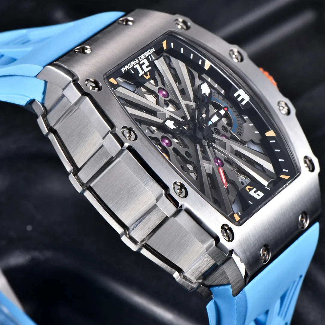 2026 Neue PAGANI DESIGN Herren-Quarzuhr VH65-Uhrwerk, Skeleton-Zifferblatt, 100M wasserdicht, sportliche rechteckige Uhr mit Saphirglas für Herren