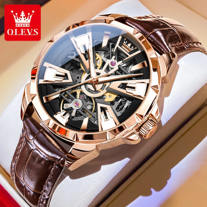 OLEVS 7051 Fashion Men's Watch Leather Strap 30M Waterproof Hollow HD Luminous Automatic Mechanical Wristwatch for Men