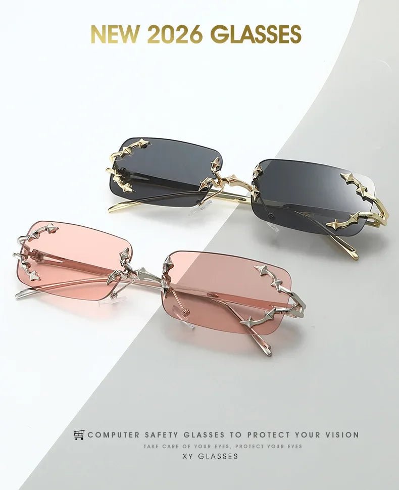 Y2K Rimless Square Star Sunglasses for Women Fashion Vintage Silver Hip Hop Driving UV400 Eyewear Alloy Frame Outdoor Men Punk