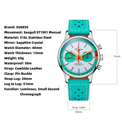 Sugess Chronograph Watch for Man ST19 Swanneck Movement Mechanical Wristwatches Sapphire Crystal Pilot Military Racing Clock New