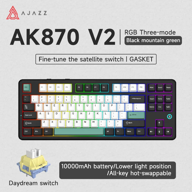 Ajazz AK870 V2 Gaming Mechanical Keyboard Is A Hot-Swaddable RGB Wired Gaming Keyboard Suitable For Various Scenarios On Laptops