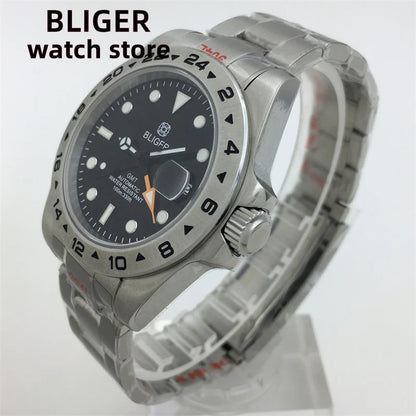 BLIGER 40mm/43mm Japan NH34 GMT Men's mechanical watch green luminous white dial sapphire glass stainless steel strap