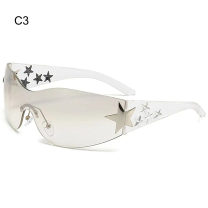 Rimless Y2K Sunglasses Women Men Punk Goggle Trendy Shield Sun Glasses UV400 3D Five Star Rhinestones Eyewear 2024