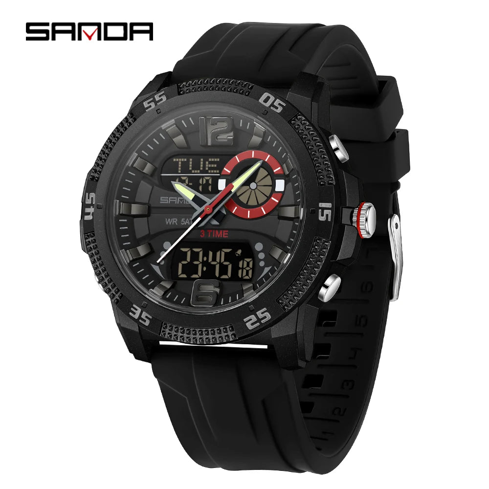 SANDA Fashion Luxury Men's Watches Dual Digital Display Sport Analog Quartz Man Wristwatch Casual Waterproof Silica Chronograph