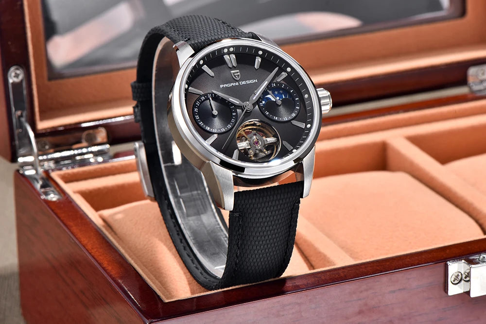 PAGANI DESIGN – luksuzni mehanički sat za muškarce, 41 mm, safirno staklo, kožni remen, vodootporan, u pilotskom stilu, s turbiljonom i fazama mjeseca