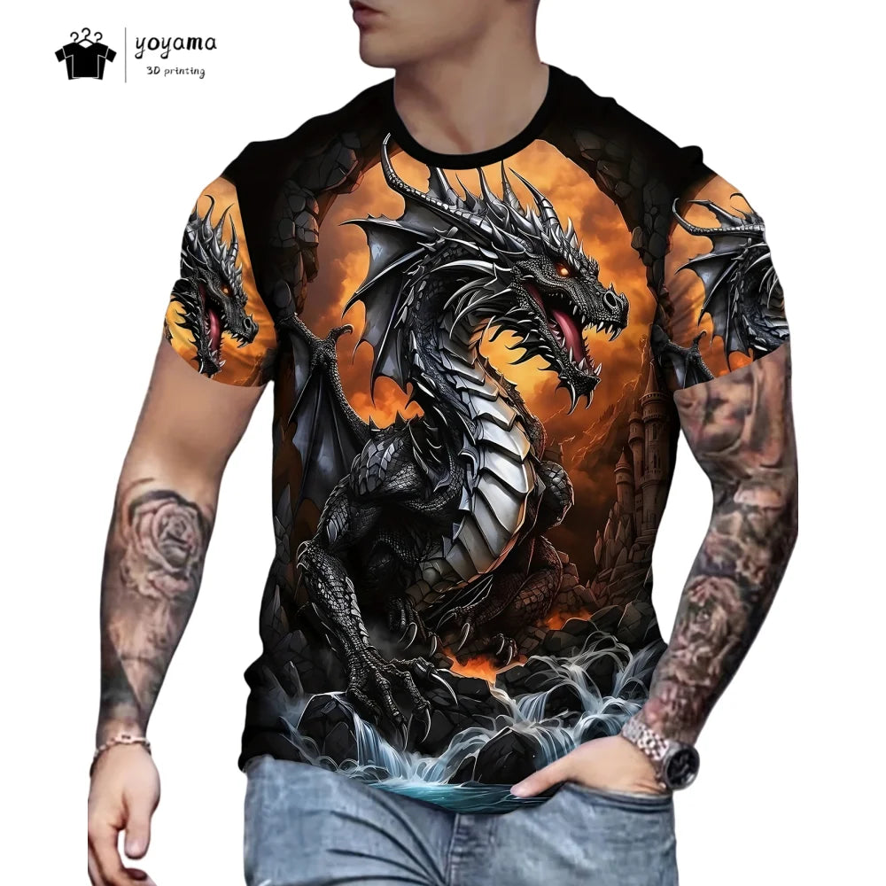 Men's T-shirts Dragon Pattern Short Sleeve Tee Fashion Street O-Neck Top Trend Animal 3D Printing Loose Versatile Men's Clothing