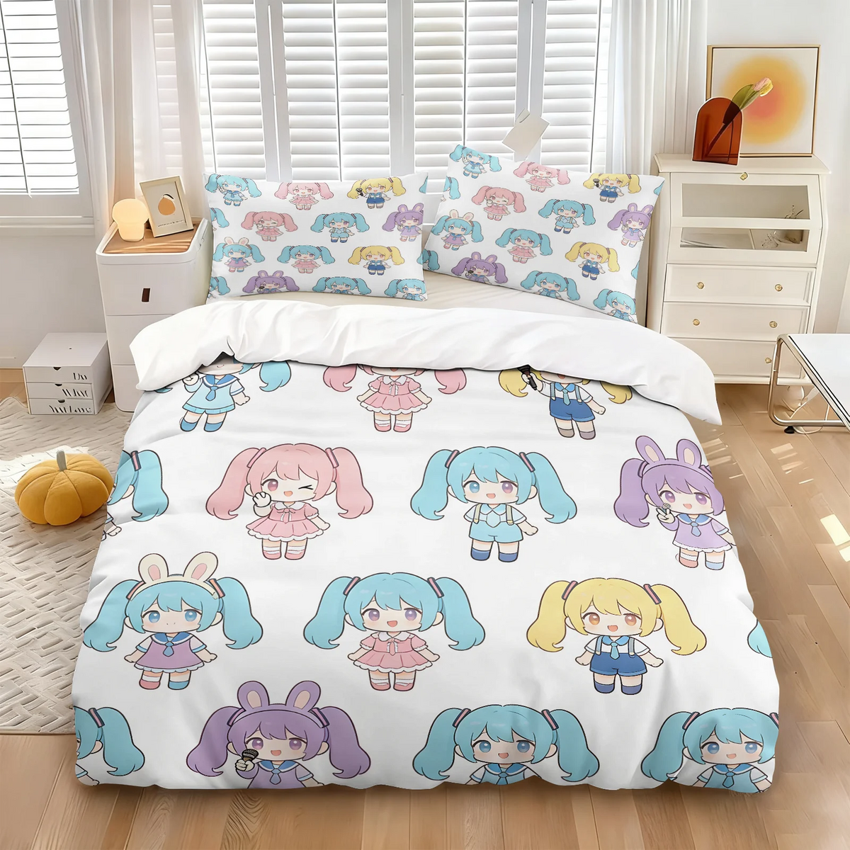 Hatsune Miku Chibi Style påslakanset – Söt anime-sängklädsel med örngott – Spelrum – Tonåringars och barns sovrumsinredning – Present till fans