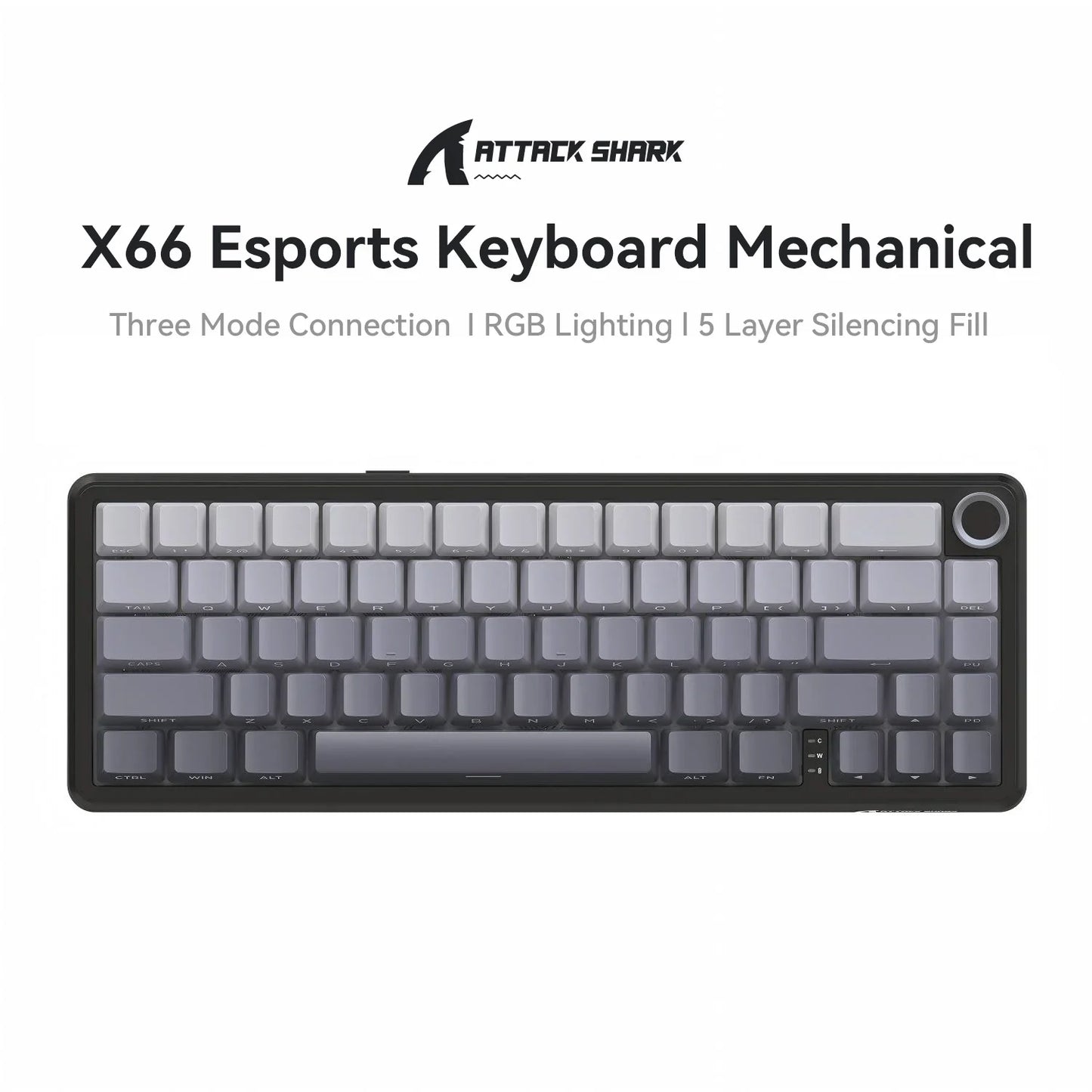 Teclado mecânico sem fios Attack Shark X66, layout compacto 65%, retroiluminação RGB, gasket, hot swap, Bluetooth, USB-C, PBT, bateria de grande capacidade