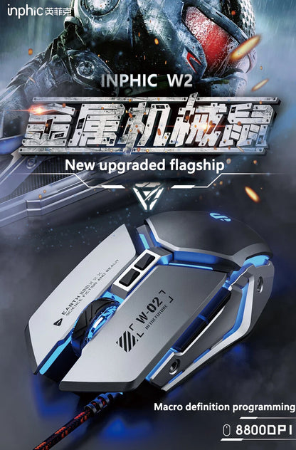 Mouse de gaming cu fir USB Inphic W2 a 2-a generație, clic silențios, stil metalic, 6 taste, programare macro, 8800DPI