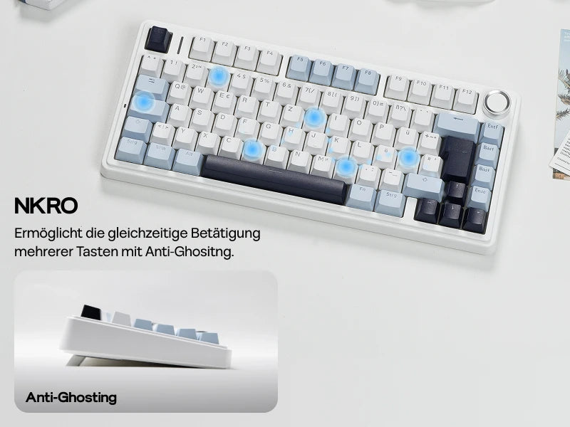 Tastiera meccanica wireless EPOMAKER x AULA F75 ISO-DE con connettività tri-mode, layout tedesco QWERTZ e batteria da 4000 mAh