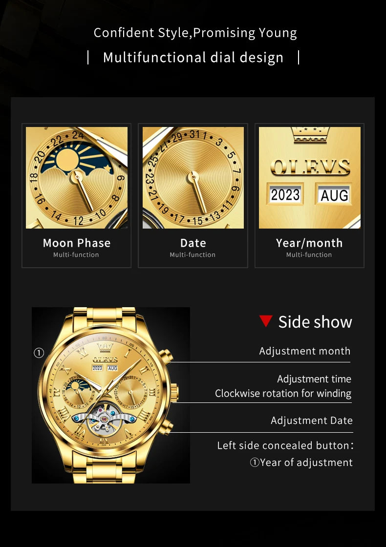 OLEVS 7005 Classic Business Mechanical Wristwatch for Men Skeleton Flywheel 24 Hour Moon Phase Calendar Luxury Men's Watch