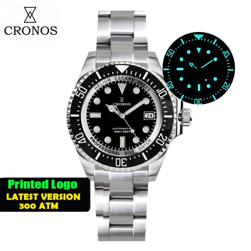Cronos Automatic Diving Watch Stainless Steel 2000 Meters Water Resistance Professional Diver PT5000 SW200 Miyota9015 90S5 L6027M