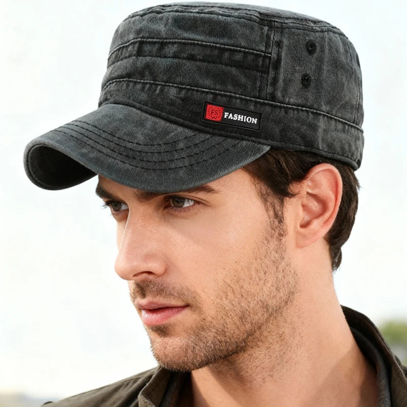 Casual Washed Cotton Flat Top Hat Adjustable Fisher Caps Men Women Cadet Military Cap Unique Design Vintage Cap Four Season ﻿