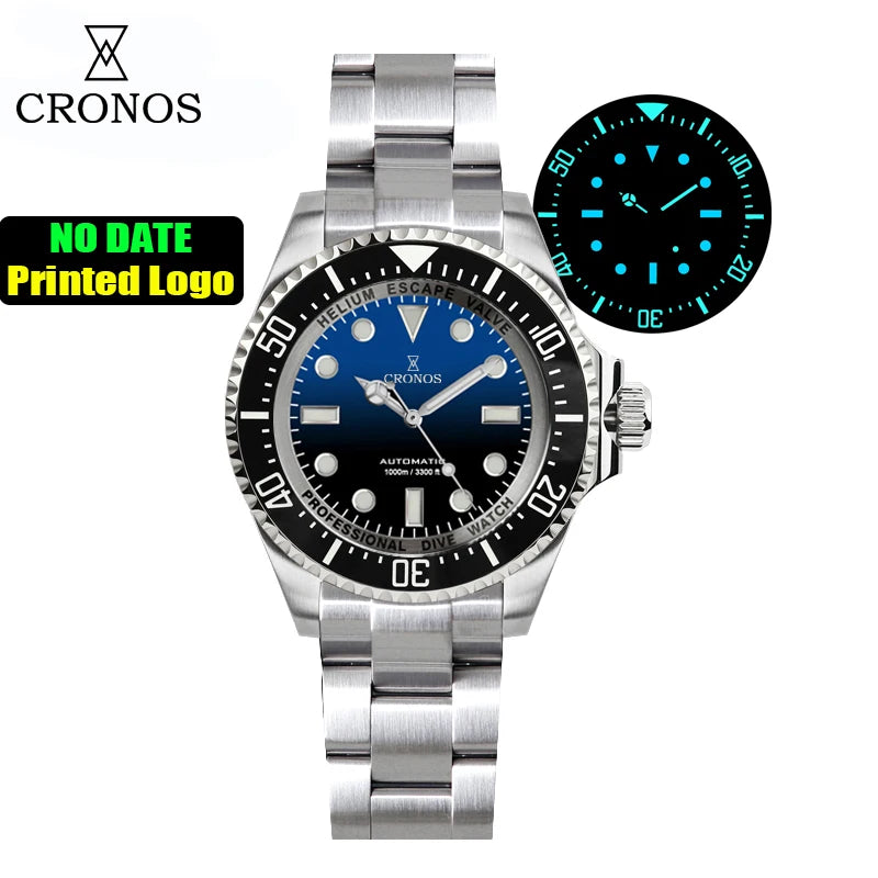 Cronos Automatic Diving Watch Stainless Steel 2000 Meters Water Resistance Professional Diver PT5000 SW200 Miyota9015 90S5 L6027M