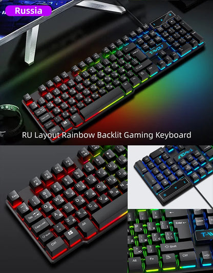 Mechanisches Gaming-Keyboard mit heller RGB-Hintergrundbeleuchtung, kabelgebundene USB-Tastatur für Büro und Zuhause, Medientasten, Russisch, Spanisch, Arabisch, Englisch