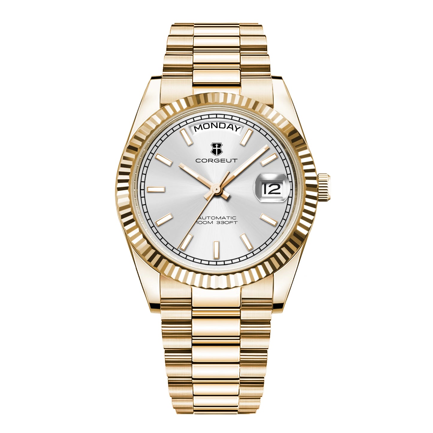 Orologio meccanico da uomo CORGEUT NH36 con indicazione di giorno e data, bracciale President, cassa in acciaio, lunetta arcuata filettata, impermeabile