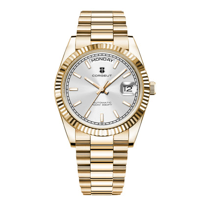 Orologio meccanico da uomo CORGEUT NH36 con indicazione di giorno e data, bracciale President, cassa in acciaio, lunetta arcuata filettata, impermeabile