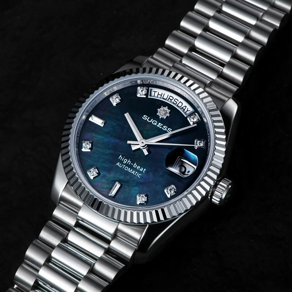 Sugess 36mm Mens of Watch Automatic Dandong Peacock SL3034 Day Movement Sapphire Glass 100m Waterproof Wristwatches MOP Date New
