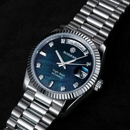 Sugess 36mm Mens of Watch Automatic Dandong Peacock SL3034 Day Movement Sapphire Glass 100m Waterproof Wristwatches MOP Date New