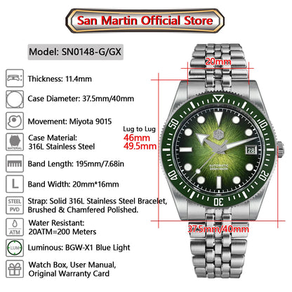 San Martin 37.5mm 40mm Men Diver Watch Miyota 9015 Enamel Dial Luxury Automatic Mechanical Wristwatch Waterproof 200m SN0148