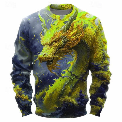 Fashion Dragon Graphic 3D Print Men's Sweatshirt Traditional Cultural Element Vintage Stylish O-Neck Pullover Autumn Loose Tops