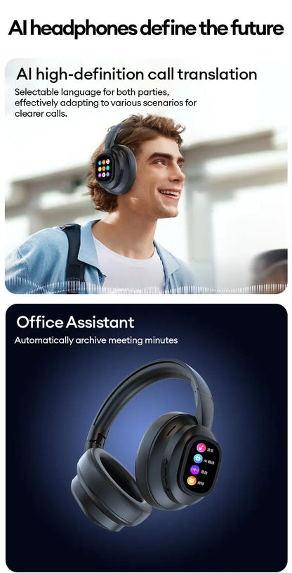 Auscultadores Bluetooth sem fios com ecrã tátil LCD AI – Headset gaming com cancelamento de ruído ANC, graves profundos e microfone HD