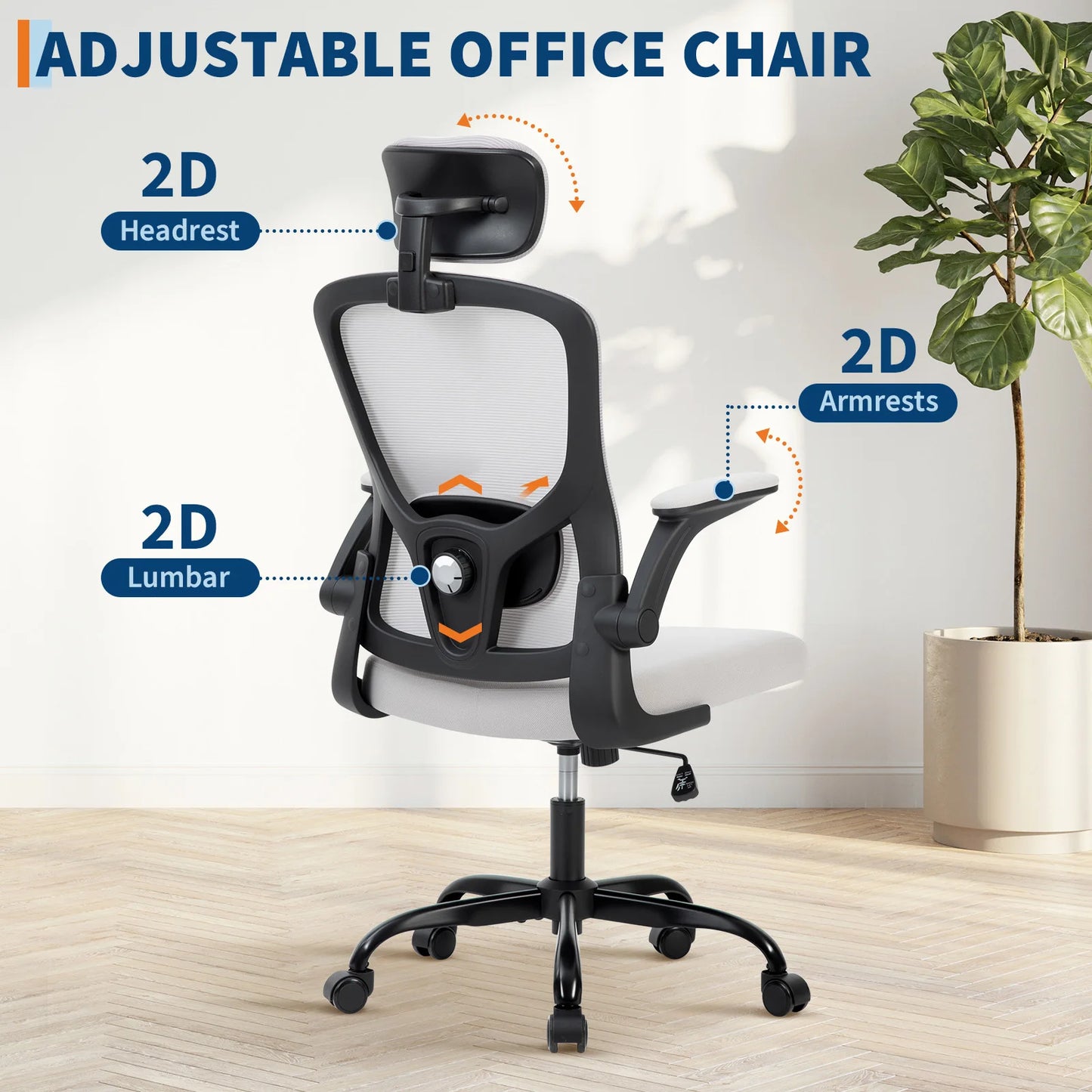 Ergonomic High Back Mesh Office Chair Adjustable 2D Headrest Lumbar Support Rotatable Arms Reclining Swivel Desk Chair for Home