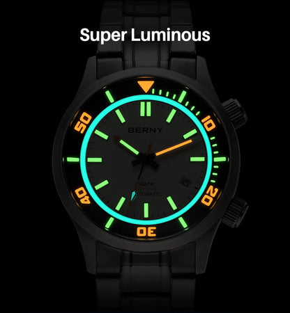 BERNY Automatic Full Titanium Diver Watch For Men Supper Luminous Sappire AR Coated Miyota 8215 Dual Crown Mechanical Dive Watch