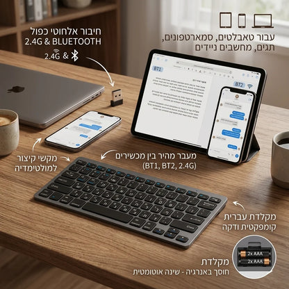 Hebrew English Layout Wireless Keyboard Bluetooth & 2.4G Dual Mode Keyboard Slim and Compact Ergonomic for Windows iOS Android