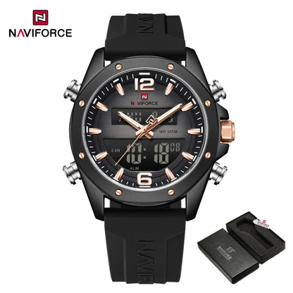 NAVIFORCE Men Quartz LCD Dual Display Watch With Silicone Strap 3ATM Waterproof Shockproof Night Light Round Case Sport Casual