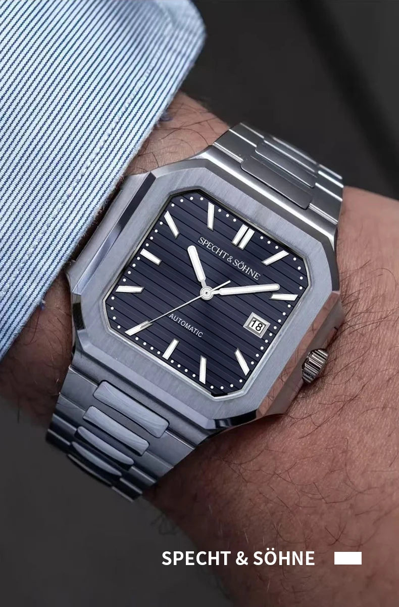 2025 Specht & Söhne Men's Classic Cubic Automatic Mechanical Watch 50M Waterproof Luminous Sapphire Crystal Reloj Hombre 41MM