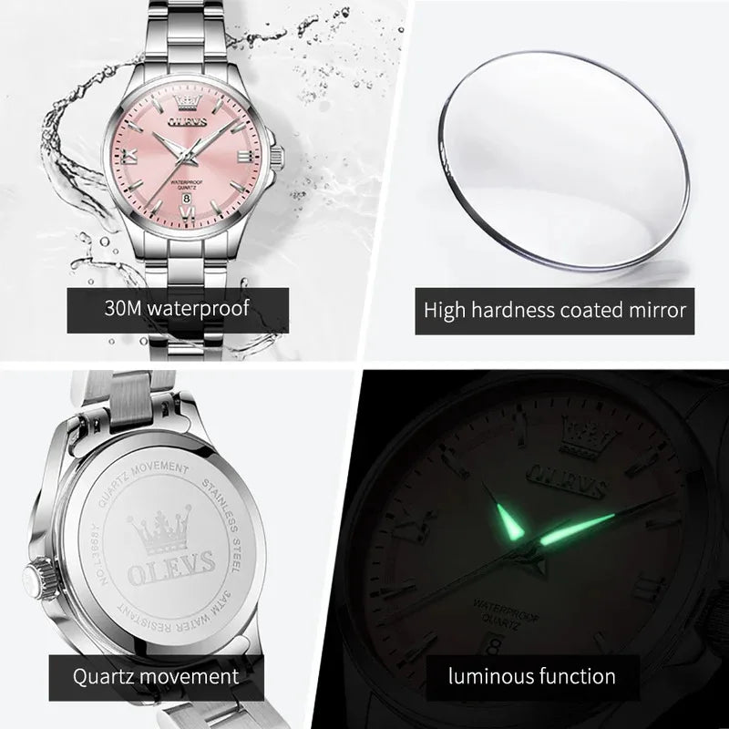 OLEVS 3668 Women Watch Luxury Original Waterproof Stainless Steel Quartz Watch Roman Automatic Date Women Watch Reloj Para Mujer